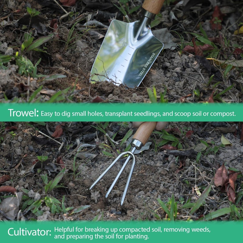 LeMotech Garden Tool Set, 2Pcs Gardening Hand Tools, Stainless Steel Trowel and Cultivator with Handle, Outdoor Gardening Kit for Women Men - Image 3